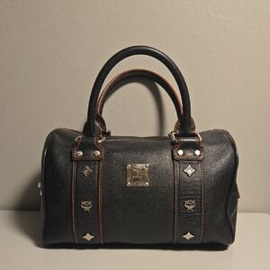 MCM Black Leather Boston Satchel with Silver Details